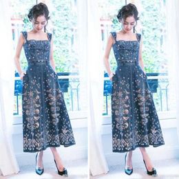 Summer fashion temperament women Long Dress sexy Denim Vintage Embroidered printed strap dress 210531