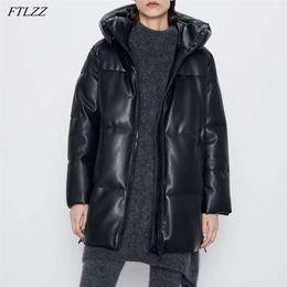 Winter Women Thick Oversize Faux Leather Parkas Zipper Hooded Jackets Coat Female Long Overcoat Casual Loose Outwear 210430