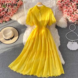 Neploe Summer New Elegant Temperament Fairy Robe Female Flower Hollow Out Puff Sleeve Vestidos Women Turn Down Collar Maxi Dress Y0726