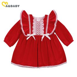 6M-4Y Christmas born Infant Baby Girls Tutu Dress Velvet Long Sleeve Ruffles Lace Bow Party Xmas Red Dresses 210515
