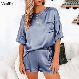 Silk Pajama Set Women Spring Summer Lounge Wear Sets Sexy Silk Sleepwear Home Suit Loose Pjs Women Satin Pajamas Female Q0706