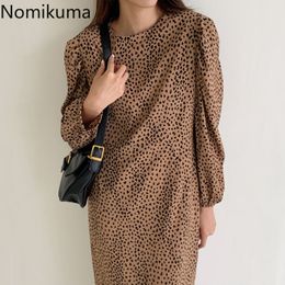 Nomikuma Robe Femme Vintage Leopard Dress Women O Neck Long Sleeve Mid Calf Dresses Casual Loose High Street Vestidos 3d142 210514