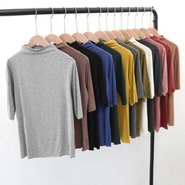 fashion knit women T-shirt casual turtleneck half sleeve fitness bottoming shirt W820 210526