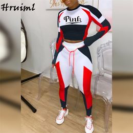 Crop Top Two Piece Outfits for Women Sets Letter Print Patchwork Tracksuit Casual Sportswear Drawstring Pants Set Sweat Suits 210513