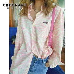 Pink Zebra Print Y2k Oversized Shirt Womens Blouses And Tops Cotton Button Up Baggy Korean Style Autumn 210427