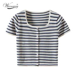 Summer Women Striped T-Shirt Knitted Square Collar Short Sleeve Slim Thin Kintwear Hollow Out Chic Ladies Crop Tops A-003 210623