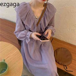 Egzga Vintage Spring New Korean Fashion Elegant Dress Women Long Sleeve High Waist Ruffles Solid Gentle Bandage Dresses Vestidos 210430