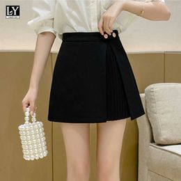LY VAREY LIN Summer Casual Female Solid Colour Button Ins Black Short Skirts Women Sweet High Waist Ruffles Mini Skirt 210526