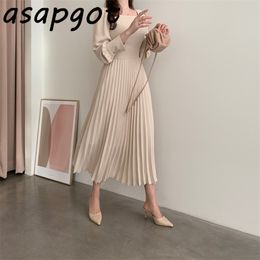 Asapgot Dress Women Autumn Lady's Slim High Waist Square Collar Pleated Dress Mid-calf Puff Long Sleeve Elegant Gentle Vestidos 210320