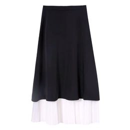 Women Black White Ruch Patchwork Midi Skirt Pleated Spring Autumn Elegant S0184 210514