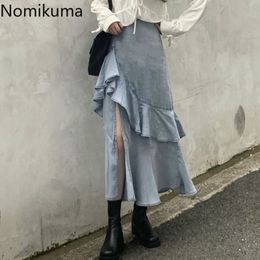 Nomikuma Ruffle Mid Calf Skirt Female Solid Color Split High Waist Slim Denim Skirts Women Streetwear Jupe Longue Femme 3d443 210514