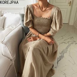 Korejpaa Women Dress Summer French Retro Slimming Square Collar Exposed Clavicle Fold Design Waist Puff Sleeve Vestidos 210526