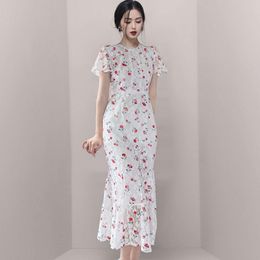 Summer Elegant O-neck Cherry Print Women Dress Short sleeve Slim Bohemia Lace es A-Line Ladies Wrap Vestidos 210520