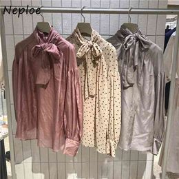 Neploe New Chic Bow Drawstring Pleated Shirt Autumn Winter Sweet Puff Sleeve Femme Blusas Japan Style Women Blouse 1H598 210423