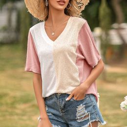 Summer Women V Neck Contrast Color Patchwork Short Sleeve Ladies T Shirt Casual Loose Plus Size Tops Female Streetwear 210608