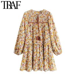 Women Fashion With Tassel Floral Print Mini Dress Vintage Long Sleeve Smocked Elastic Female Dresses Vestidos 210507