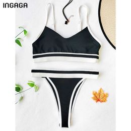 INGAGA Push Up Bikinis 2021 Swimsuits Patchwork Swimwear Women Sexy Thong Biquini High Cut Bathing Suits New Ribbed Beachwear Y0820