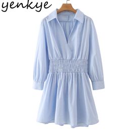 Spring Women Blue Elastic Waist Dress Female Long Sleeve Lapel Collar Loose Casual Plus Size Vestido 210514