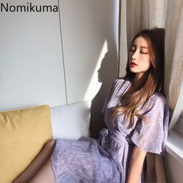 Nomikuma V Neck Slim Waist Vintage Dress Women Floral Printed Short Sleeve Chiffon Summer Dresses Korean Vestido Mujer 3b555 210514