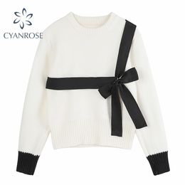 Bownot Sweater Women Long Sleeve Contrast Colour Pullover Crop Knitwear Stylish Chic Elegant Crewneck Ulzzang Knitted Tops 210515