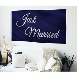 Just Married Flags Banners 3x5, Festival Event All Countries Advertising National Digital Printed Hanging Polyester Fabric, Double Stitching