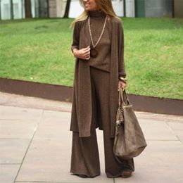 Casual Long Cardigan Sleeveless Turtleneck Tops And Wide Leg Pants Outfit Elegant Lady Home Suit Fashion Solid Women 3 Piece Set 220315