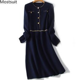 Spring Blue Vintage Ladies Gold Threads Patchwork Knitted Dress Women Long Sleeve O-neck Buttons Fashion Elegant Dresses 210513