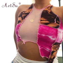 ArtSu Tie Dye Print Mesh Patchwork Asymmetrical Ribbed Tank Top 2020 Fashion Women SleevelSexy Crop Top Club Streetwear X0507