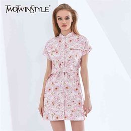 Slim Print Floral Dress For Women Stand Collar Short Sleeve High Waist Sashes Dresses Female Womens Clothing 210520