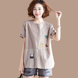 Summer Fashion Women Long Sleeve O-neck Tshirt Patchwork Stripe Loose Casual Tee Shirt Femme Cotton Linen Tops Plus Size 210317