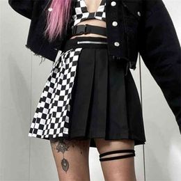 SUCHCUTE gothic high waist women pleated mini skirt patchwork ribbons A-line Skirts streetwear solid female party outfits 210621