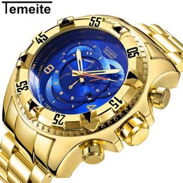 TEMEITE Military Fashion Quartz Watch Men 3D Blue Dial Stainless Steel Strap Top Brand Luxury Golden Big Dial Wrist Watches 210329