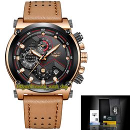 LIGE eternity LIGE9856 Sport Mens Watches Date Blacks Dial Rose Gold pointer Japan VK Quartz Chronograph Movement Men Watch Black Bezel alloy Case Leather Strap 0351