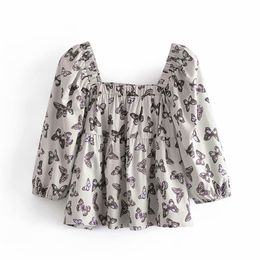 Sweet Women Square Collar Blouse Summer Fashion Ladies Puff Sleeve Loose Female Butterfly Printing Stack Short Top 210515