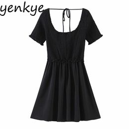 Summer Women Sexy Backless Vintage Black Dress Female O Neck Short Sleeve Casual Elegant Dresses Party Mini Vestido 210514