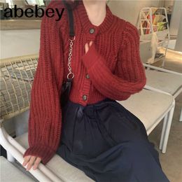 Red Knitted Sweater Women Winter Fashion Elegant O-Neck Thick Loose Ladies Knit Cardigan Warm Outwear Crop Tops 210715