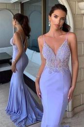 Women Sexy Lavender Mermaid Prom Dresses Straps Spaghetti Major Beading Arabic Long Formal Evening Party Gown Pageant Special Occasion Dress