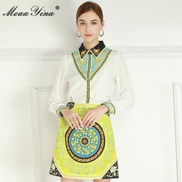 Spring Fashion Designer Set Women Turn-down collar White Shirt Tops+Vintage Print Skirt Elegant Two-piece Suit 210524