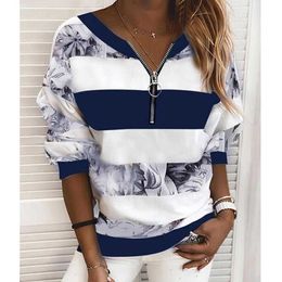 Women's Blouse Shirt Striped Colour Block Long Sleeve Print V Neck Tops Basic Top Blue Yellow Blushing Pink 220122