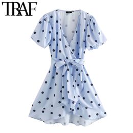 Women Chic Fashion Polka Dot With Belt Wrap Mini Dress Vintage V Neck Puff Sleeve Female Dresses Vestidos Mujer 210507