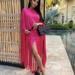 Swtao Women Luxury Sexy Long Sleeve Cloak Tassel Pink Bodycon Bandage Dress Elegant Evening Party Club Vestidos 210527