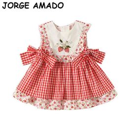 Spanish style Kids Dresses for Girls Embroidery Strawberry Plaid Bow Sleeveless Princess Baby Clothes E9127 210610