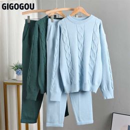 GIGOGOU Autumn Winter Women 2 Piece Pants Sets Oversized Crop Top Cable Twist Sweaters Cashmere Sport Knitted Tracksuits 210930