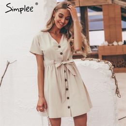 Simplee Vintage buttons women dress shirt V neck short sleeve cotton linen short summer office dresses Casual korean vestidos 210323