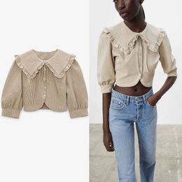 Za Cheque Textured Cropped Shirt Women Peter Pan Collar Puff Sleeve Vintage Spring Blouse Woman Fashion Button Up Casual Top 210602