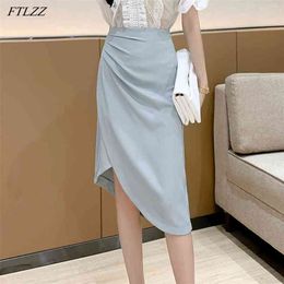 Spring Summer Women Asymmetrical Midi Skirt Casual Female High Waist OL Solid Colour Slim Fit A-line Black 210430