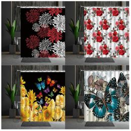 Shower Curtains Flowers Butterfly Rose Higan Flower Bathtub Decoration Bathroom Screen Multiple Size Bath Curtain With Hooks