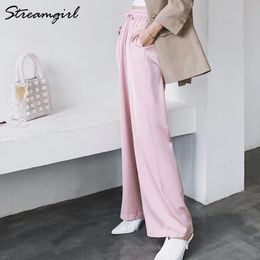 Streamgirl Summer Wide Leg Pants For Women Trousers High Waist Satin Wide Pant Casual Red Women Summer Pants Formal Woman 210319
