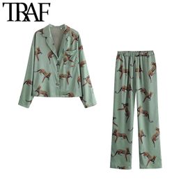 Women Fashion Animal Print Loose Button-up Blouses Vintage High Elastic Waist Ankle Trousers Female Sets Mujer 210507