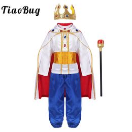 TiaoBug Kids Boys Halloween Cosplay Dress Up Mediaeval King Costume Prince Cloak Crown Sceptre Set Carnival Roleplay Party Outfit Q0910